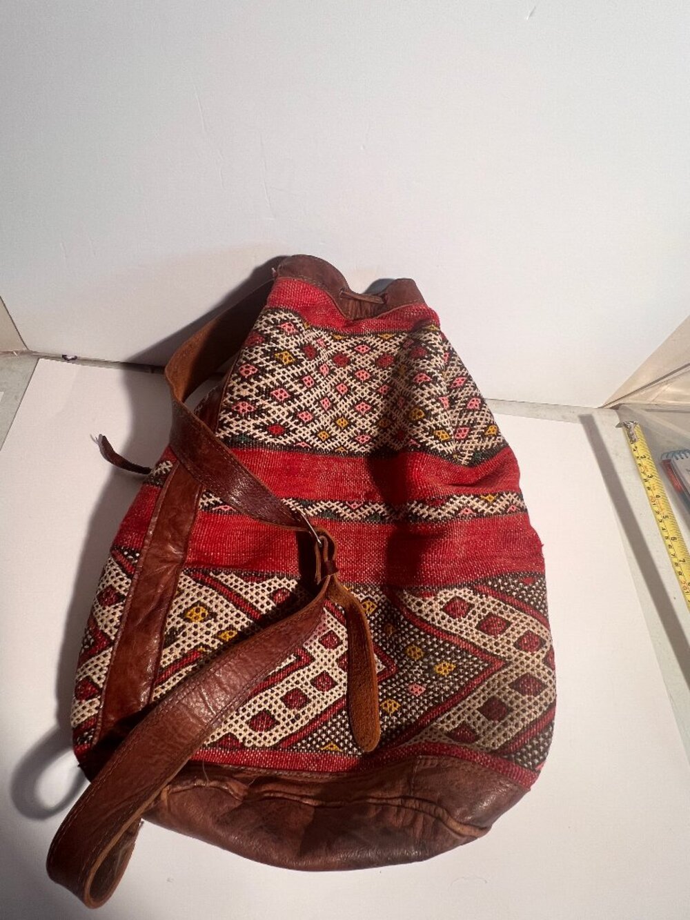 Vintage Kilim Woven Backpack Leather Drawstring Bucket Bag Boho Tribal